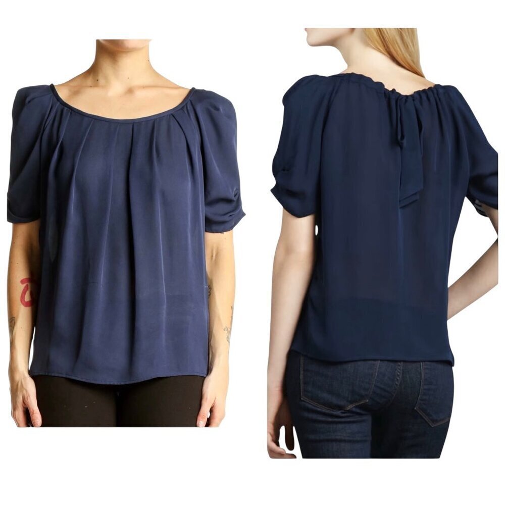 Joie Navy 100% Silk Puff Sleeve Gathered Blouse XS